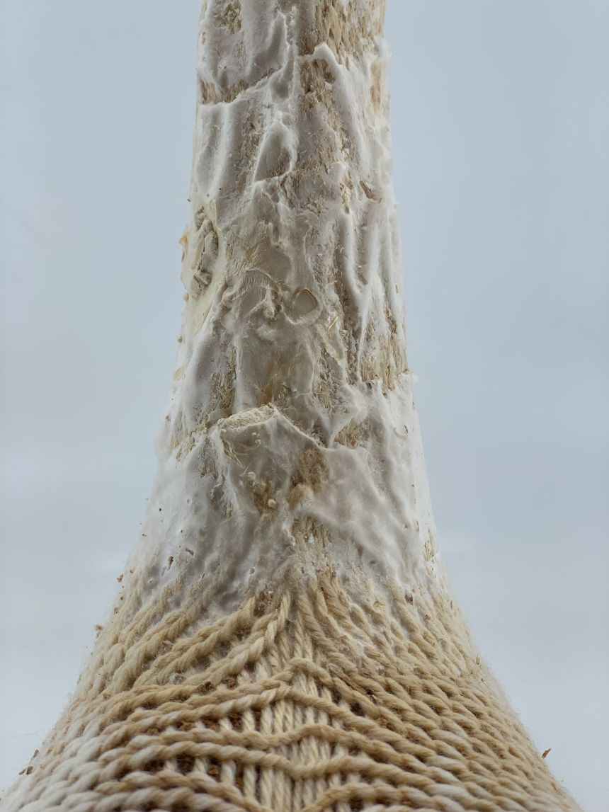 A close up image of Felecia Davis and Benay Gürsoy's mycoknit structure made from woven textiles.