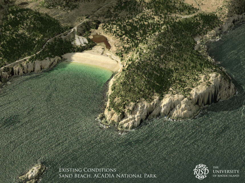 Visualization of Sand Beach, Acadia National Park including controllable features such as vegetation.