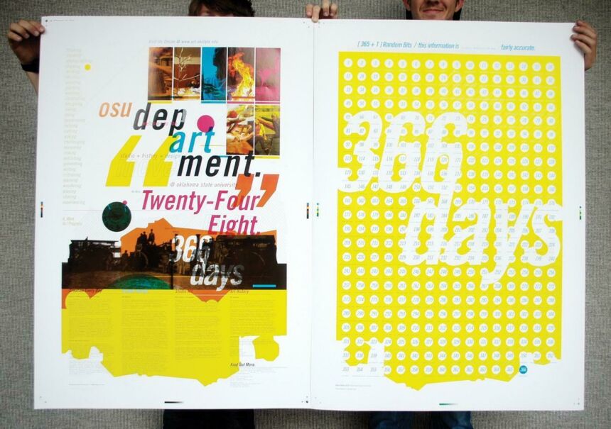 Program print design layout featuring a multicolor collage of graphics on the left page; the right page features a bright yellow stylized calendar featuring all 365 days, with the large white "365 days" overlaid on said calendar.