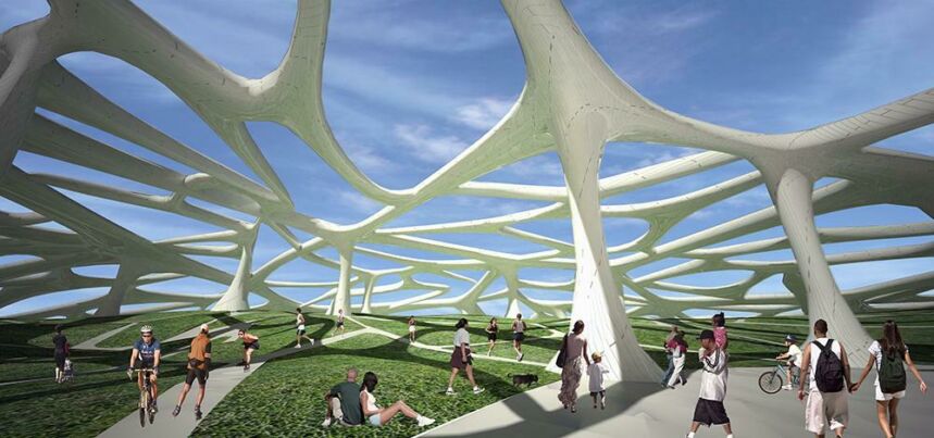 Exterior art installation concept art of a massive white webbed structure/pavillion covering a park area. Numerous pedestrians are walking, biking, and rollerblading along the pathways.