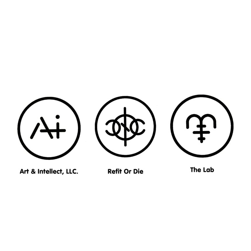 Three black and white logos for (left to right) Art & Intellect, LLC., Refit Or Die, and The Lab.