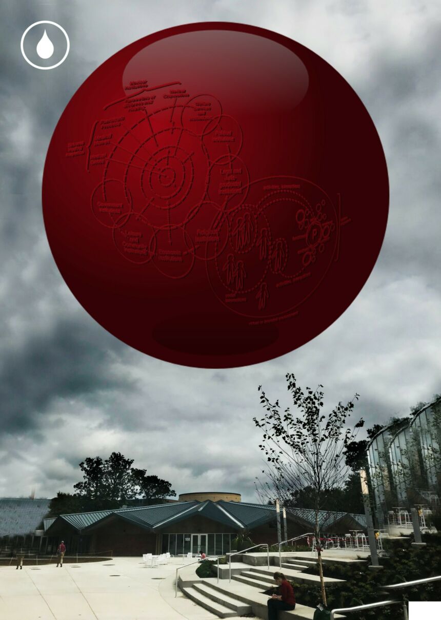 A rendering of a giant drop of blood featuring different equations that need to be solved that is hovering over the Forum Building on the Penn State campus.