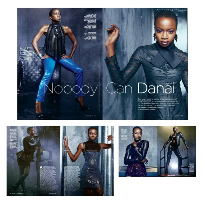 Magazine spread titled Nobody can Danai featuring a Black female model posing in different clothing.