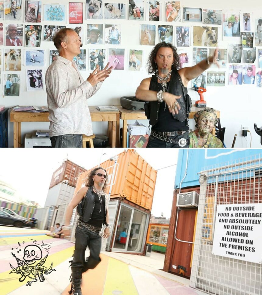 Two still photographs of Rodney Allen Trice -- at top he is describing his found-object furniture work to another collaborator and at bottom he is walking outside of his shop.
