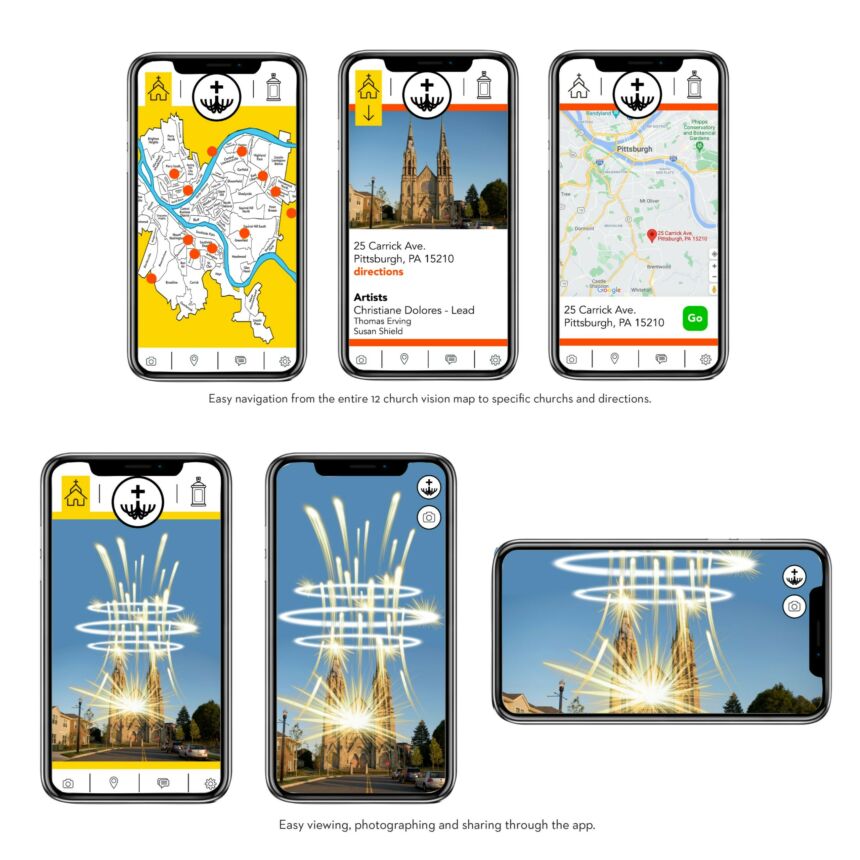 Six smart phone screens showing different views of an app aimed at augmented reality projects in Pittsburgh.
