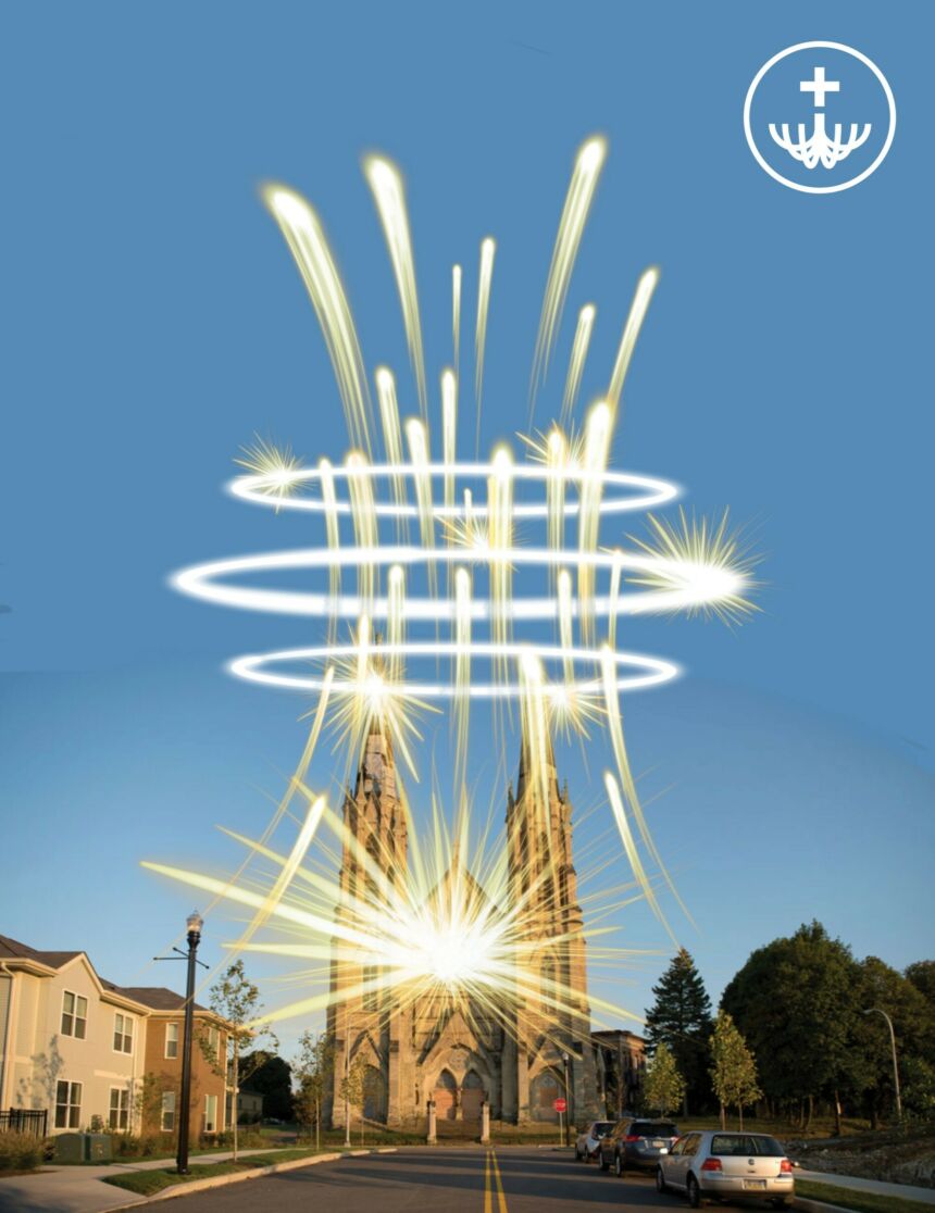 Rendering of an augmented reality installation that is accessible in a phone app showing a church with rays reaching toward the sky.