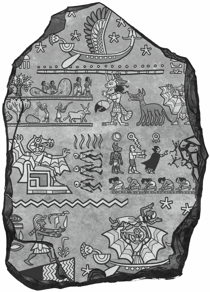 Illustration of a rock slab with Egyptian hieroglyphs-style art.