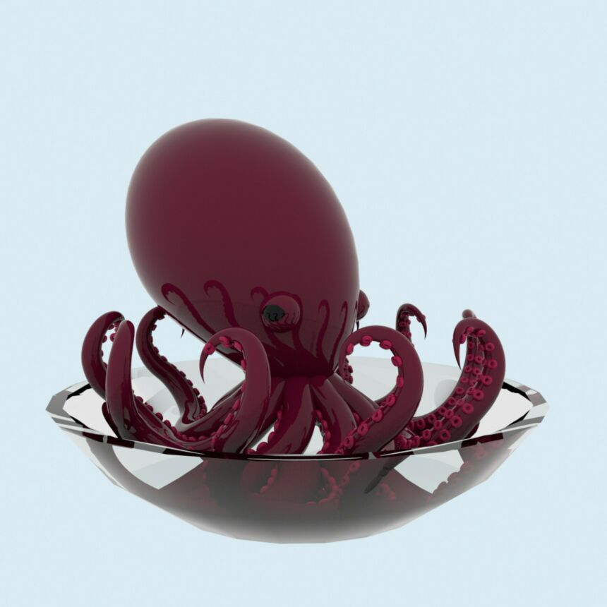 A maroon-colored octopus with a drop shadow beneath it.