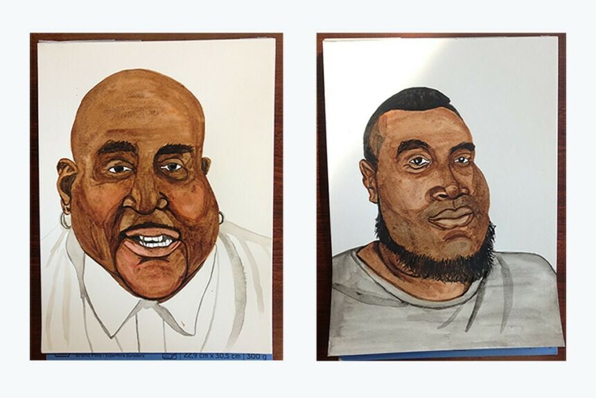 Painted portraits of Tywanza Sanders (left), one of the nine black parishioners killed in the Charleston, South Carolina church shooting in 2015 and another black male pictured on the right.