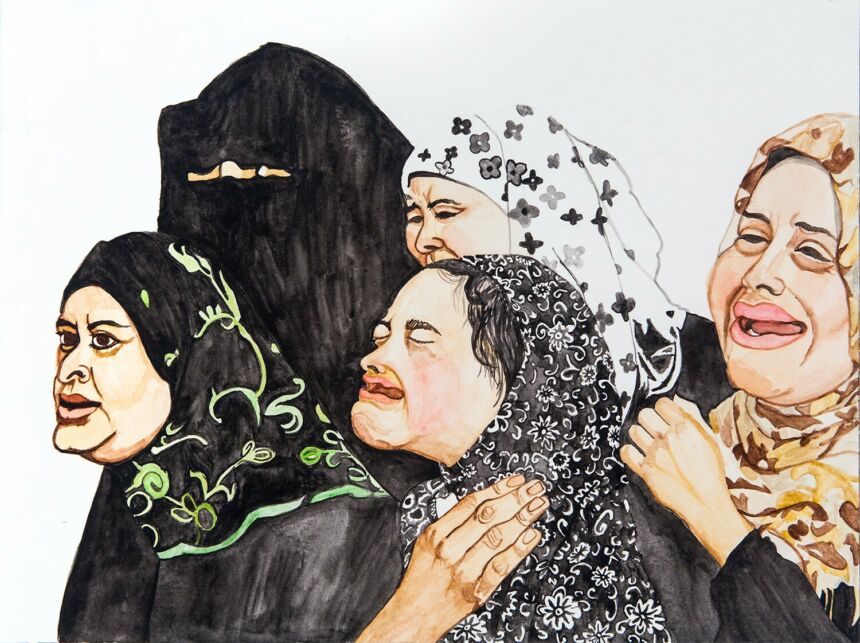 Painting depicting a group of distraught women.
