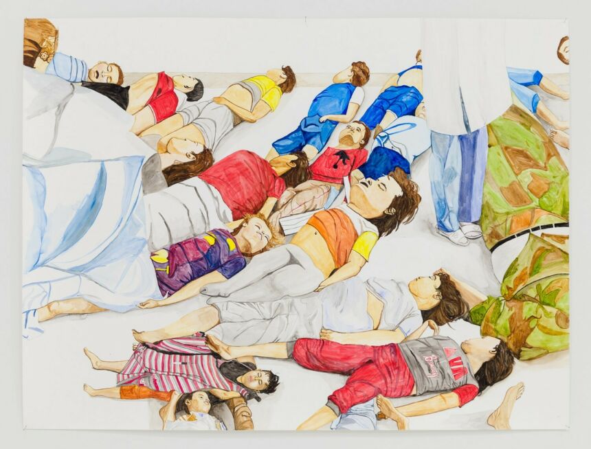 Watercolor painting of various individuals laid out on floor. A person in white lab coat stands among them.