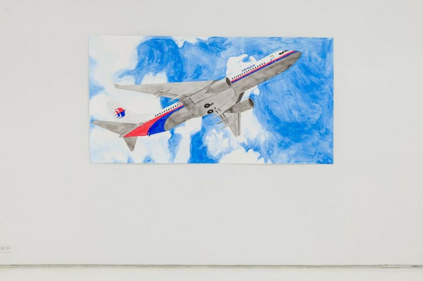 Landscape-format painting of Malaysia Airlines airplane against blue sky with clouds.
