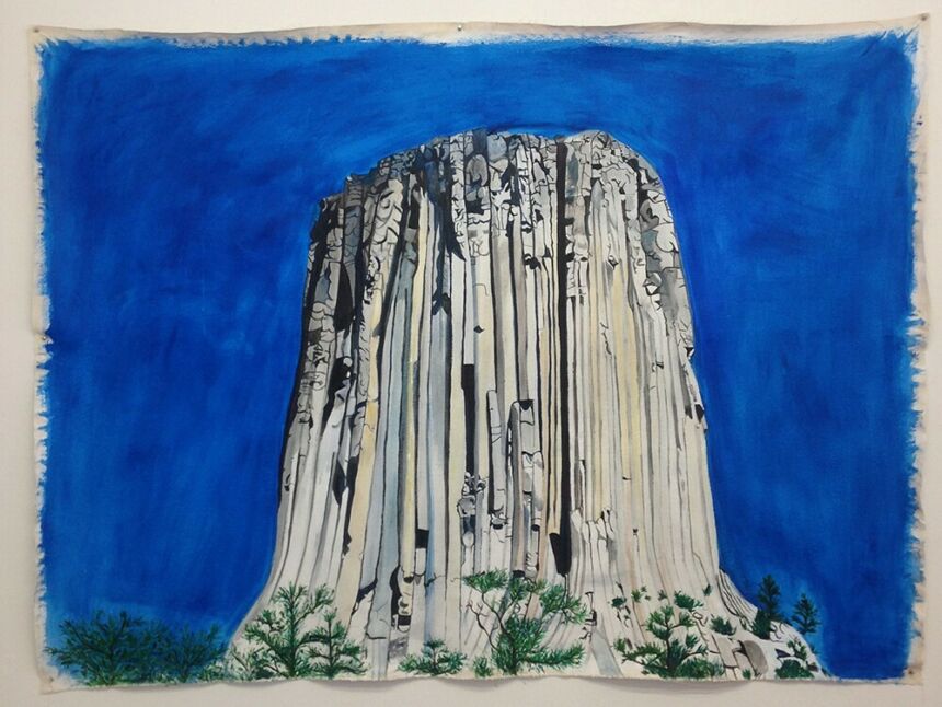 Acrylic painting of Devil's Tower against blue sky.