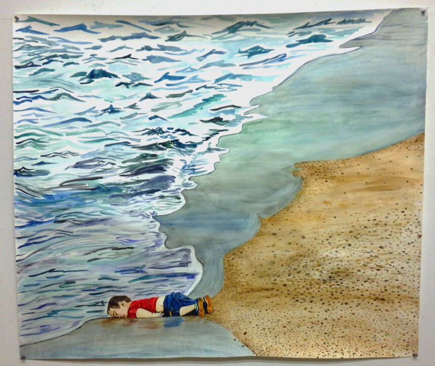 Painting depicting the death of three-year-old Syrian boy Alan Kurdi, lying face down on the shore.