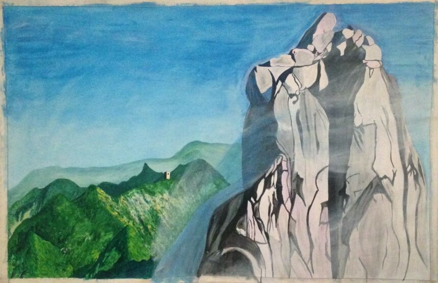 Acrylic painting of fog flowing down one of the sacred mountains. Green mountain ranges lie in the distance.