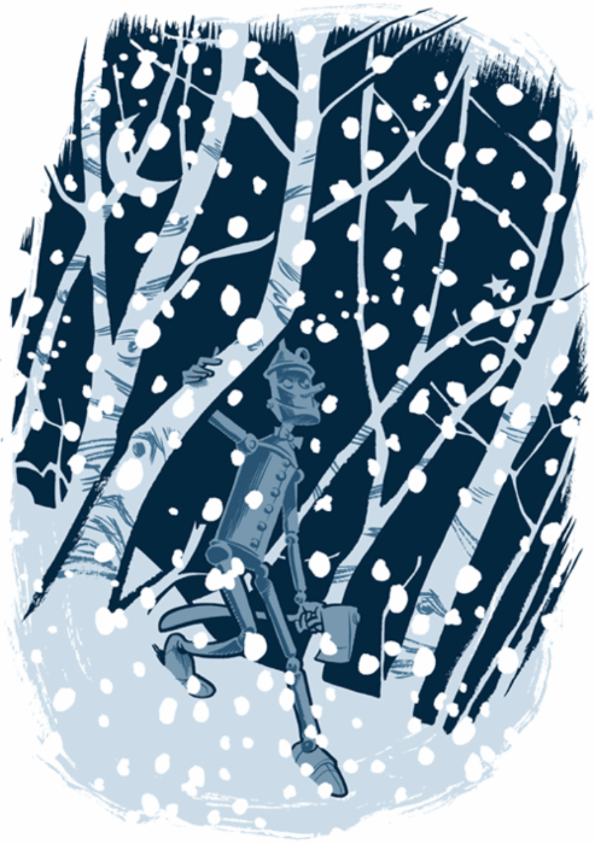 Dark blue, light blue, and white illustration of the Tin Man from "The Wizard of Oz" walking through the woods with his axe.
