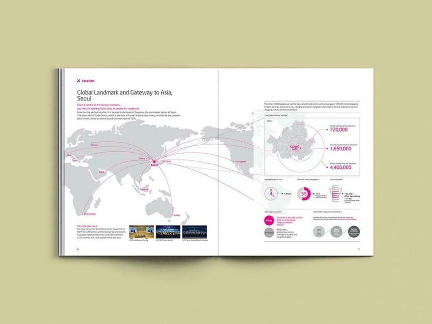 Infographic featuring grey continents with pink travel lines pointed to Seoul. Also included are thumbnail photos; infographs are in light grey and pink.