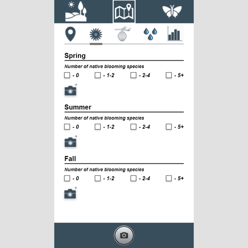 White and teal mockup graphic of urban pollinator app's user interface. Features icons of a landscape, butterfly, map marker, beehive, flower, water droplets, camera, and bar graph, with overall interface divided up into seasons.