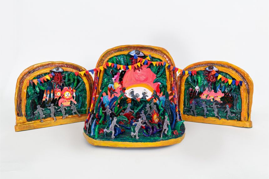 Triptych sculpture in yellows, greens, blues, and reds, showing three stages of brightly colored friendly monster actors performing while surrounded by dancing audiences