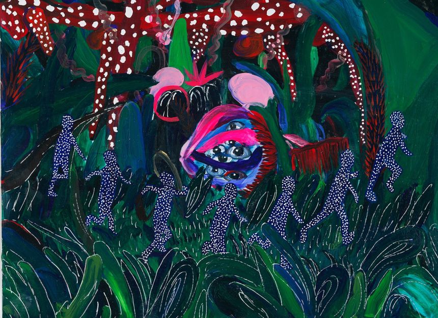 A lush arboreal painted scene with a ring of black and white speckled silhouettes dancing around a multi-eyed blue, pink, and grey character.