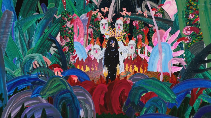 An illustrated arboreal scene in vivid greens, blues, reds, and pinks with six central characters amongst the woods and flora.