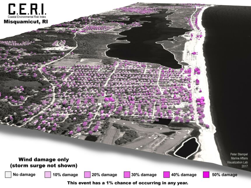 Visualization of Misquamicut, Rhode Island including wind damage to structures in an experimental version of the Coastal Environmental Risk Index.
