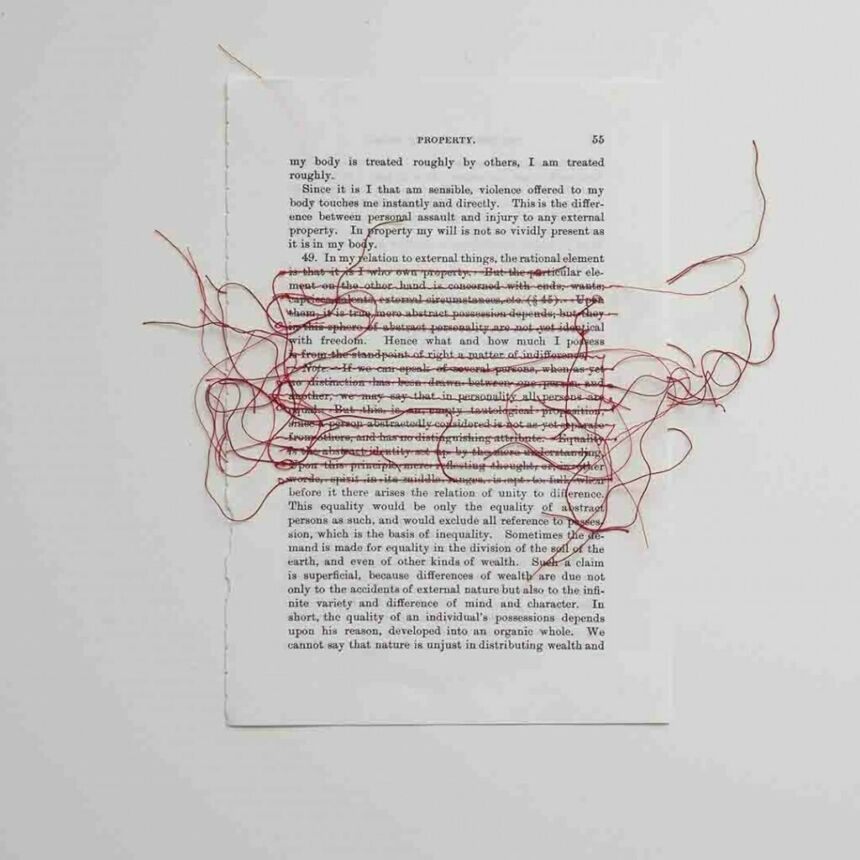 Red threading is stitched across various lines of text on a single page.