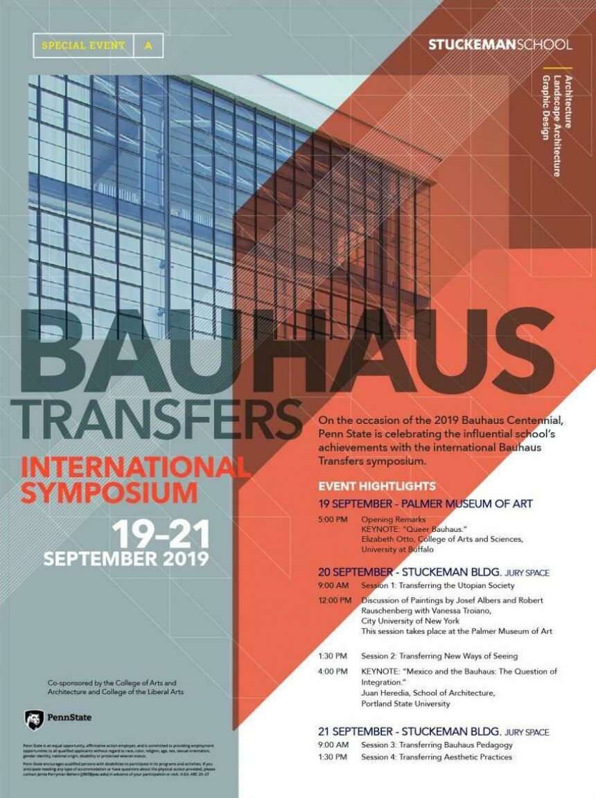 Symposium poster for the 2019 Bauhaus Centennial featuring a photo of a building, with overlaid tranparent geometric color blocking in slate grey and clay red. Accompanied with symposium title and event information.