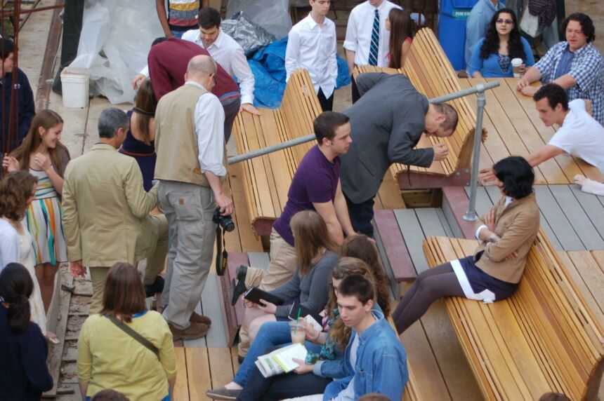 Overhead photo of Stuckeman students and faculty members sitting on bleachers.