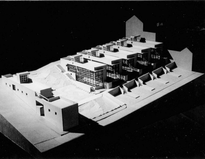 Black and white photo of a model building.