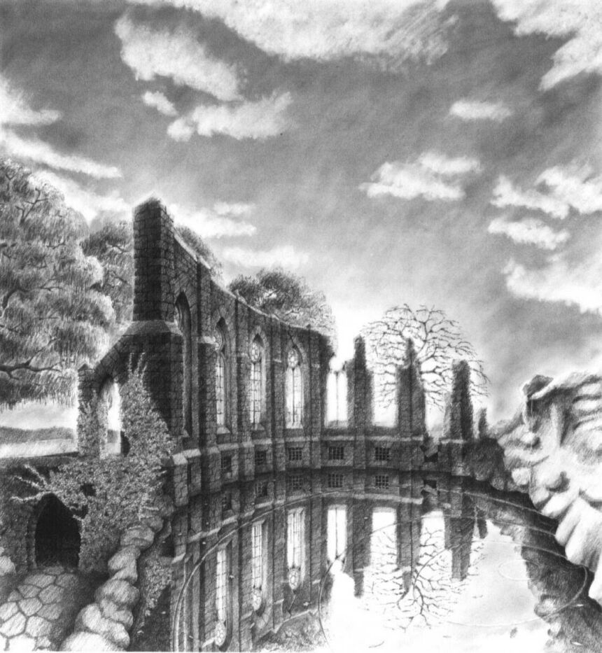 Black and white graphite sketch of building ruins surrounding a pond under a sky.