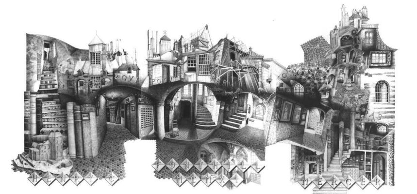 Black and white surreal illustration of books melding with interior hallways and building tops.