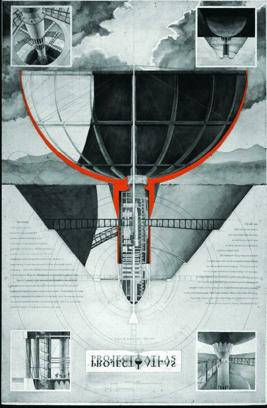 Black and white illustration of a missile silo and a satellite dish.