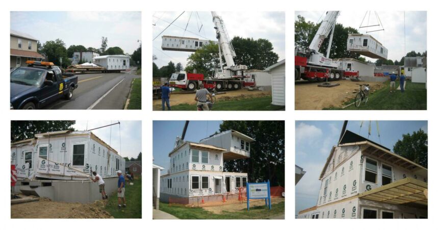 Composite of six photos showing the construction of a duplex house.