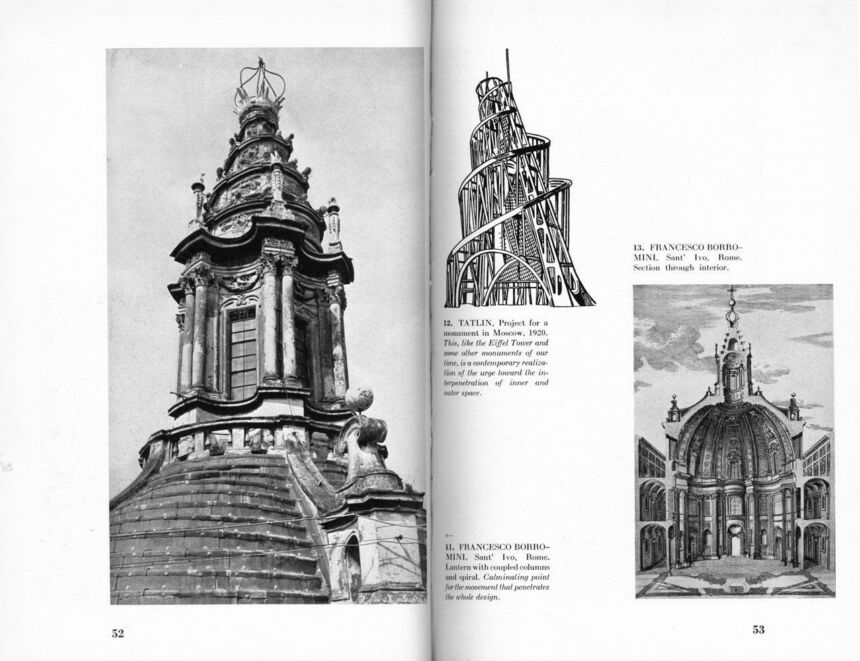 (Left) Black and white photo of Sant'Ivo "lantern," accompanied with sectioned illustration of the church's interior; (top, right page) is a black and white illustration of a 1920 spiral monument in Moscow.