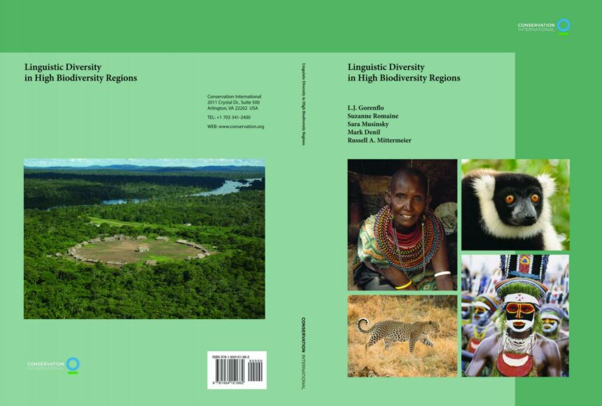 Green book cover with compilation photos of indigenous tribal members, an aerial shot of a village, a leopard, and a lemur.