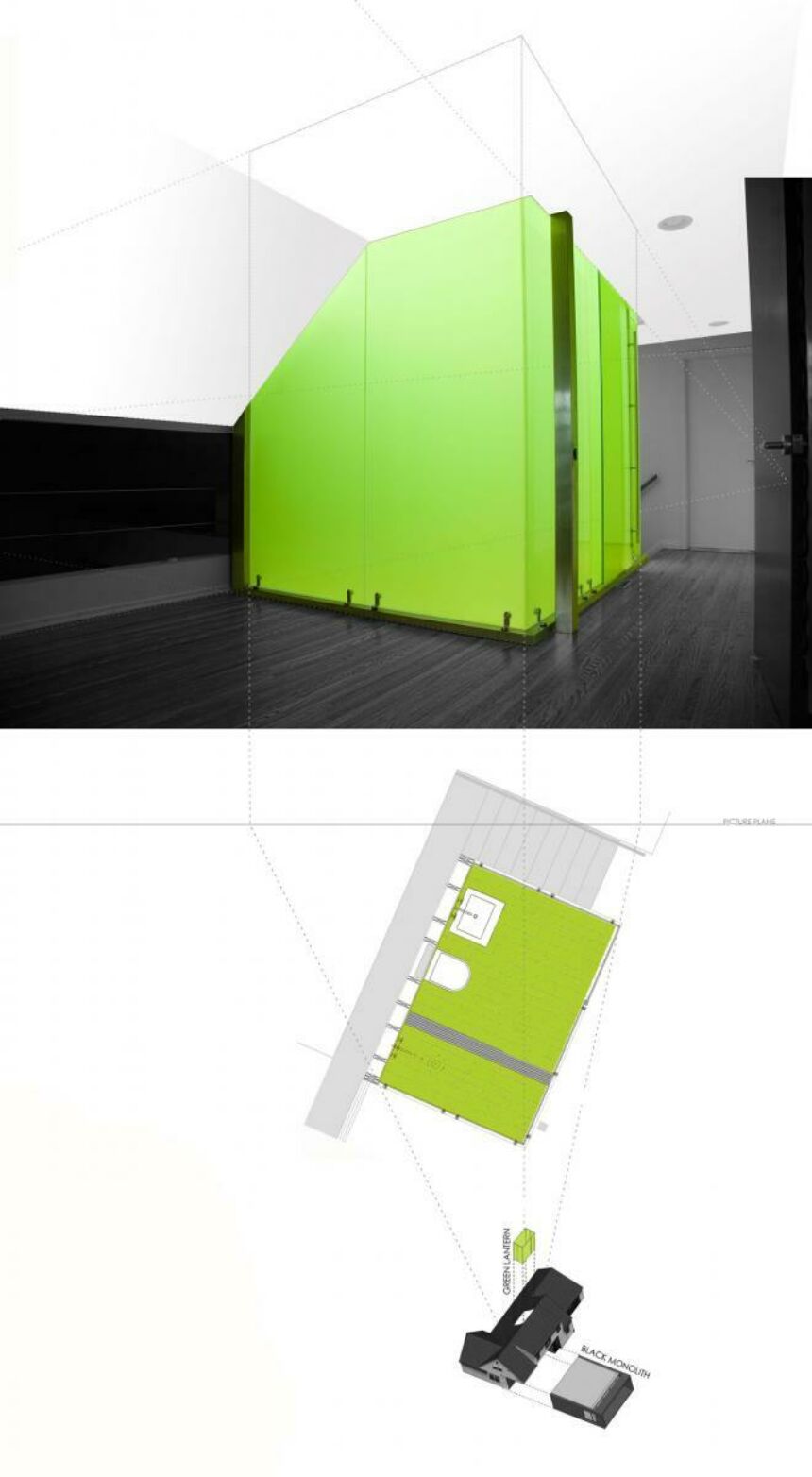 Computer-generated concept design of a floor layout, with a neon green partition in a black and white room.