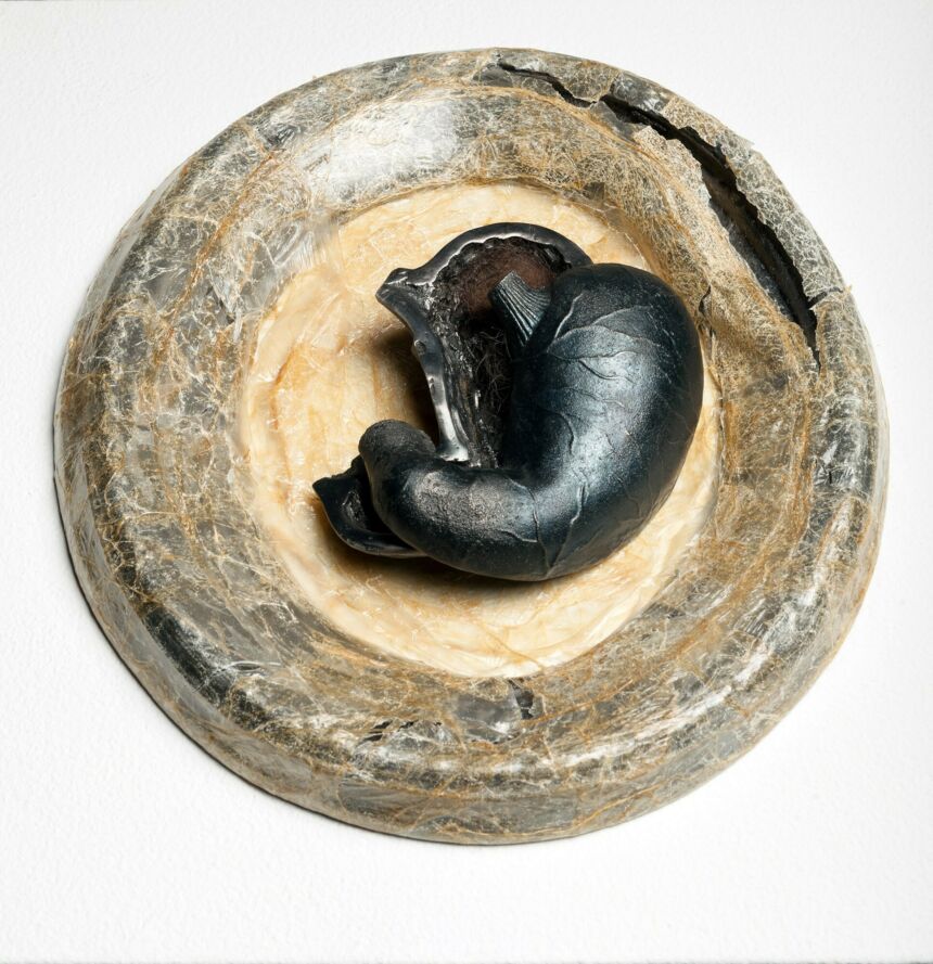 Black hollow kidney made from cast iron on a rustic platter. The kidney is in two pieces and the cavity is filled with brown human hair.