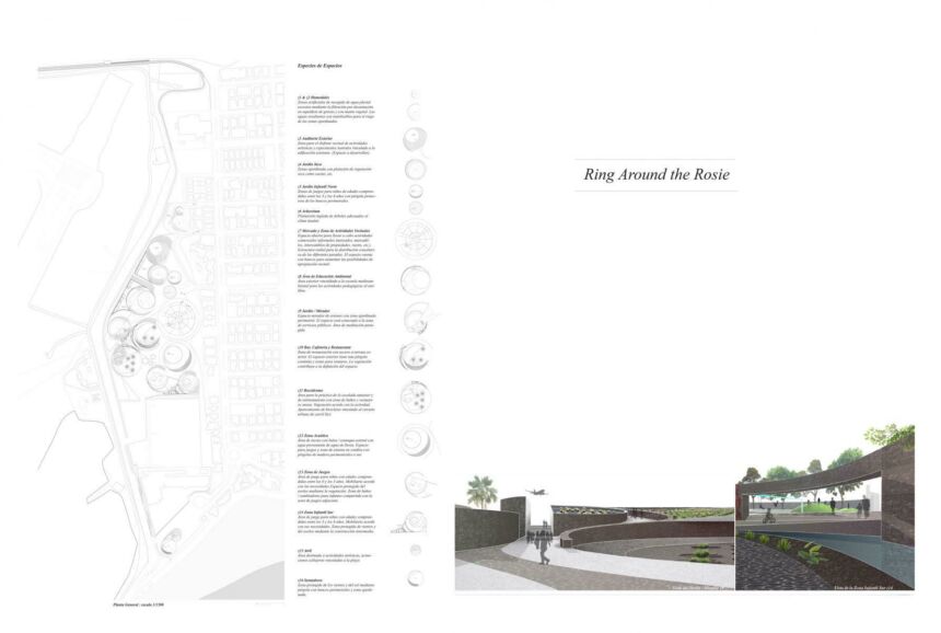 Side-by-side concept designs of an outdoor plaza, accompanied by the text "Ring around the Rosie."