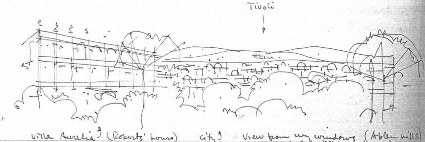 Rough black and white sketch of Tivoli cityscape.