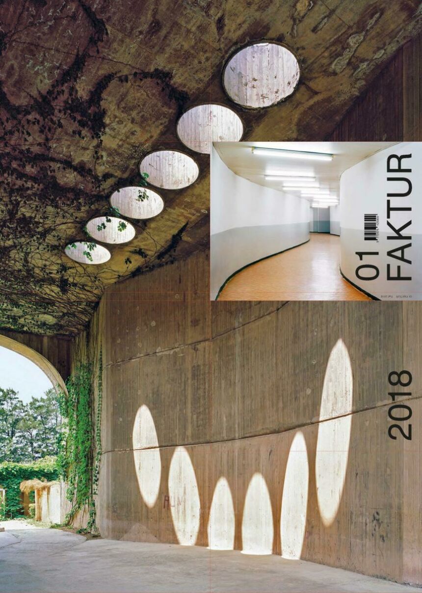 Sample of Pep Avilés's founded journal "Faktur: Documents and Architecture." Page features photo samples of an outdoor cement pavillion with circular skylights. The second embedded photo is of a winding hallway.
