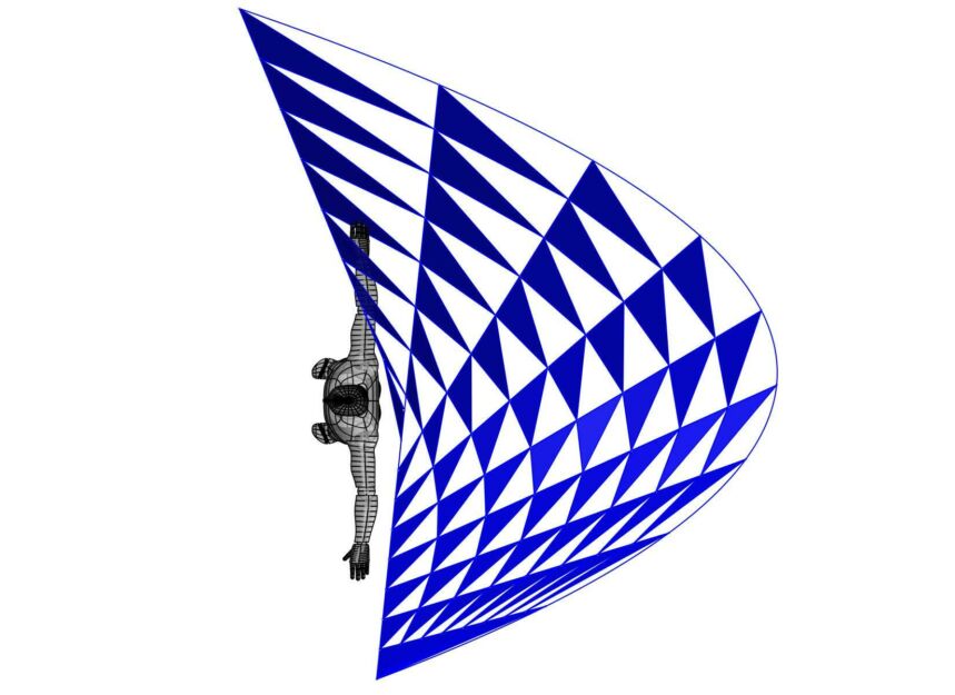 Computer-generated bird's eye-view image of a person standing in front of sail dancing sculpture