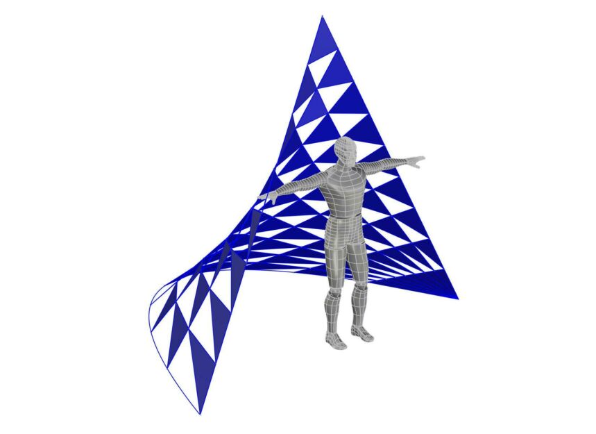 Computer-generated three-quarter-view image of a person standing in front of sail dancing sculpture