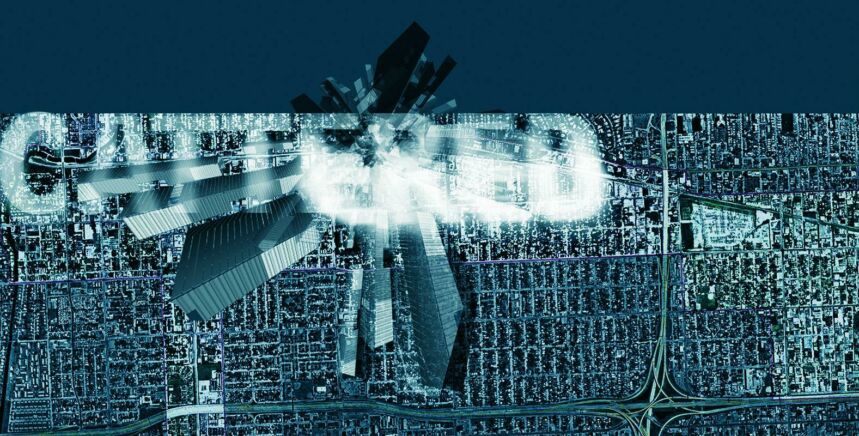 Graphic art featuring a bird's eye view of a city against a dark teal background. A group of skyscrapers are clustered together at the base in a fish-eye lens distortion, accompanied by white blurry text that reads, "SCATTERED."