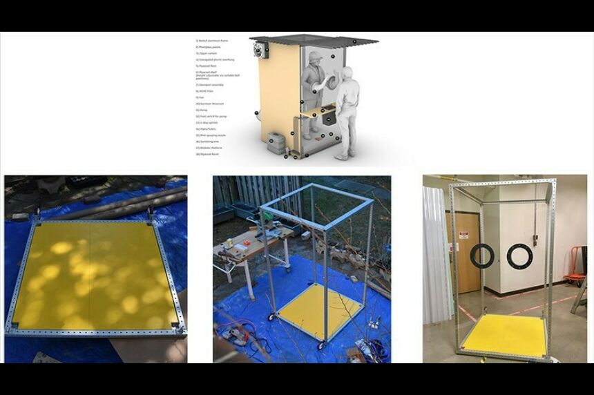 A collage of four images with the CAD rendering for the booth above and three project images below.