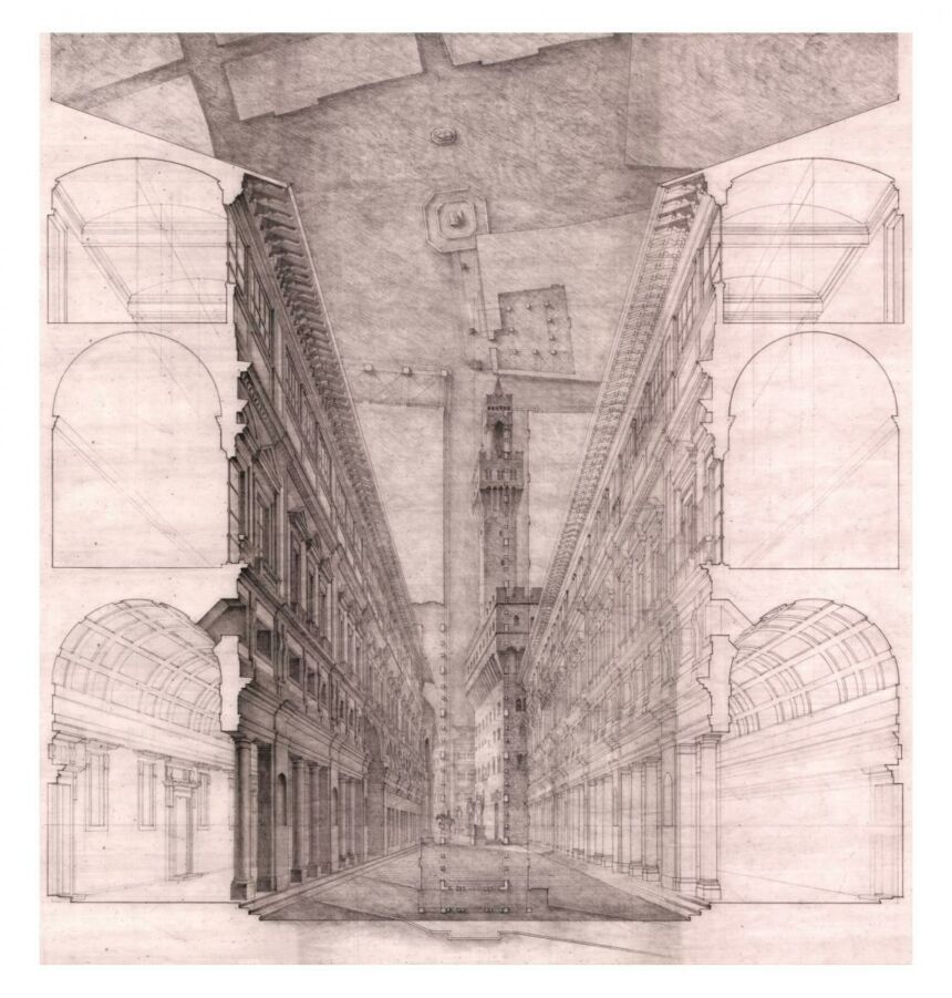 Sketched perspective illustration of two buildings.