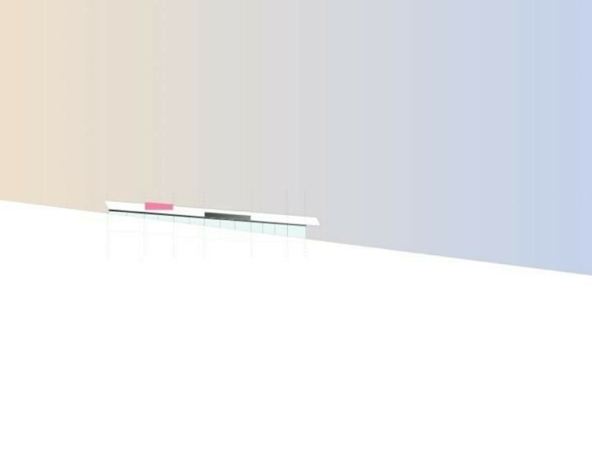 Minimalist-style illustration of a building on a solid white slope against a pastel gradient blue and yellow sky.