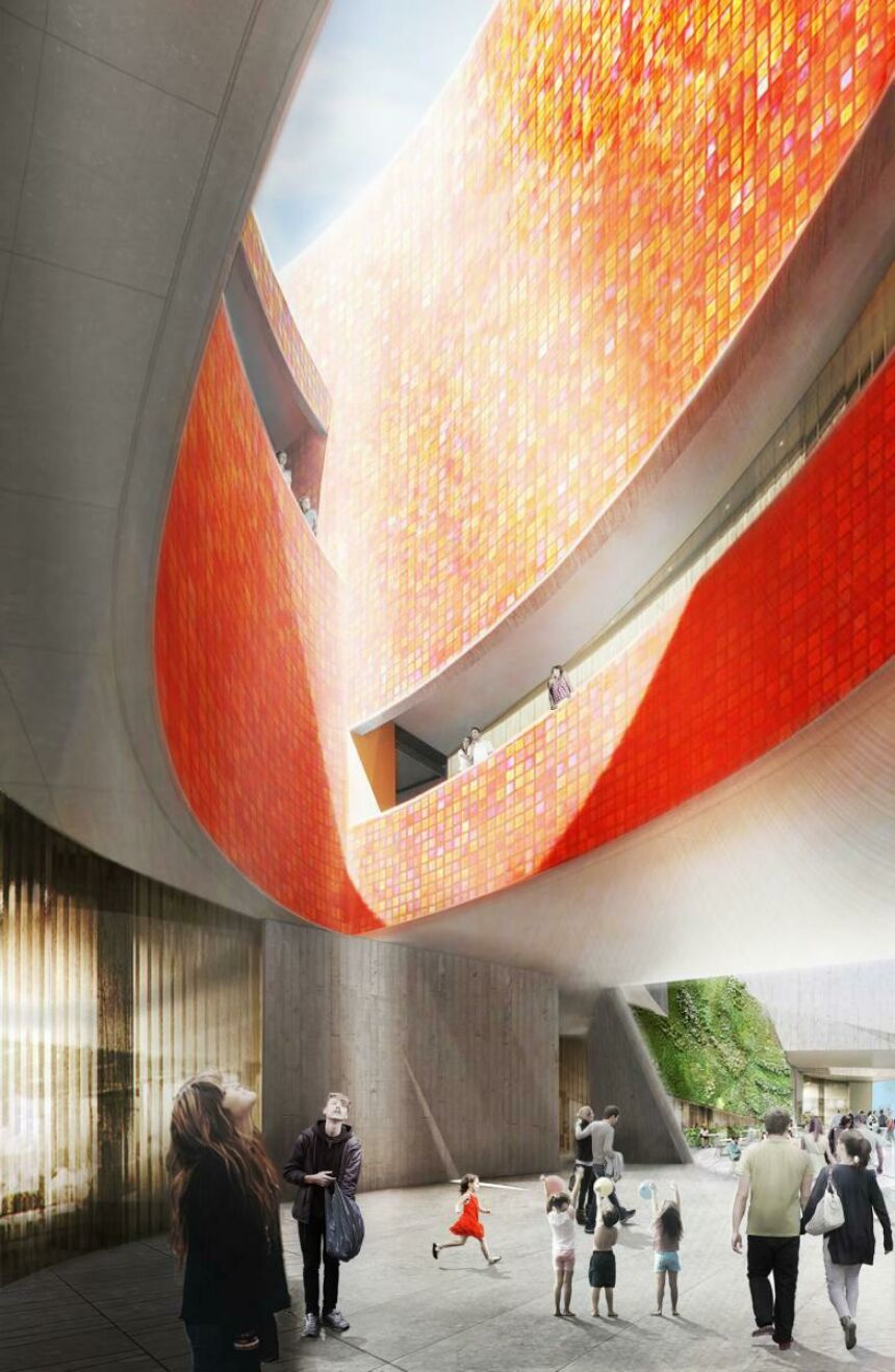 Concept design of an ultra-modern building exterior. Visitors are walking through hallway and looking up at the red-tiled accented skylight.