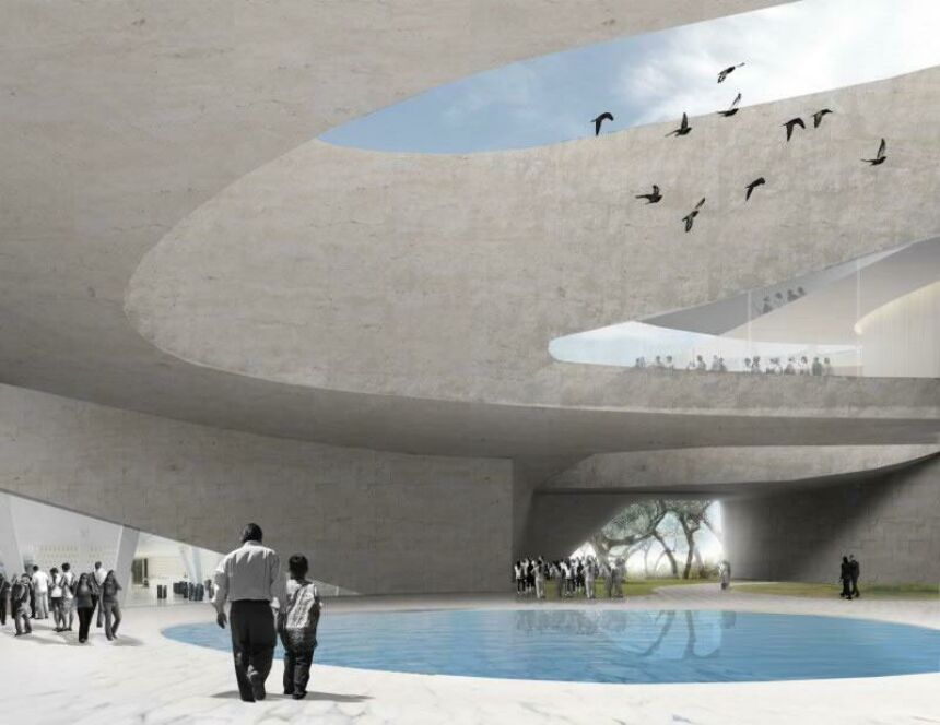 Conceptual design of an ultra-modern museum pavilion with a reflecting pool and visitors walking about.