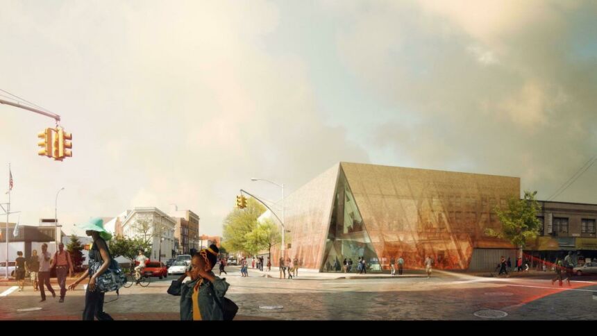 Conceptual design of an ultra-modern glass library exterior set in an urban city with pedestrians walking at cross walk.